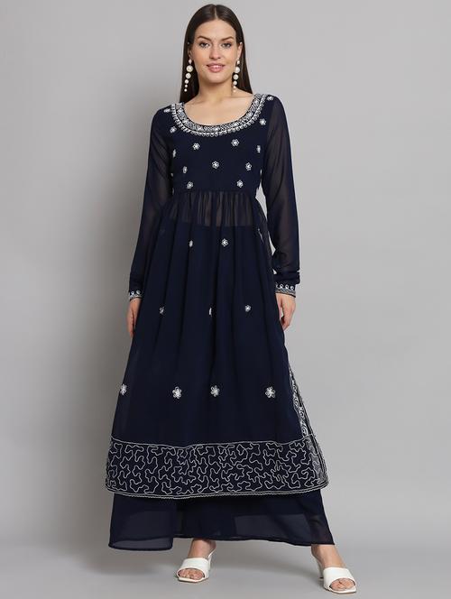 women navy blue round neck kurta palazzo set - 21574805 - Very Small Image - 1