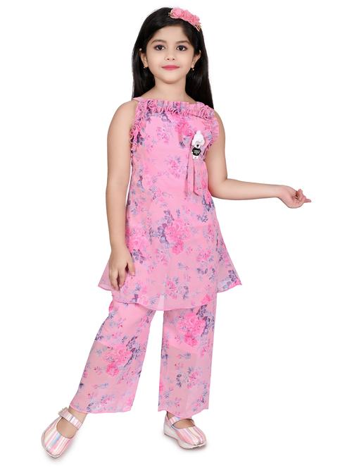 girls floral printed sleeveless kurta & pant set - 21577477 - Very Small Image - 1