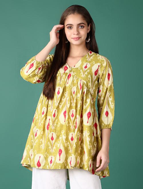 women lime printed v neck flared kurti - 21578549 - Very Small Image - 1