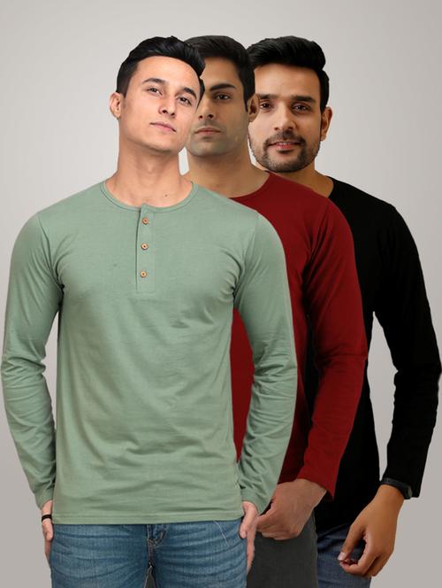 pack of 3 men's slim fit plain long sleeve henley neck t-shirts - 21582021 - Very Small Image - 1