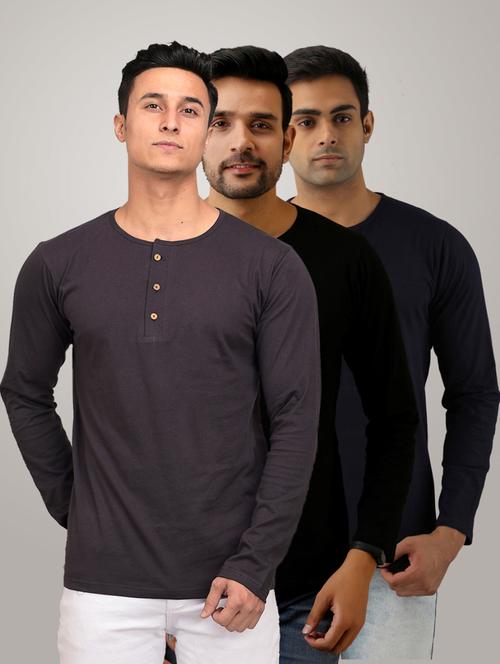 pack of 3 men's slim fit plain long sleeve henley neck t-shirts - 21582025 - Very Small Image - 1