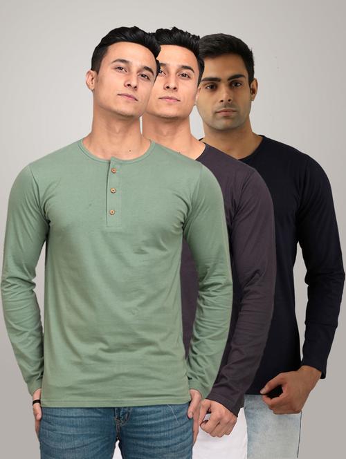 pack of 3 men's slim fit plain long sleeve henley neck t-shirts - 21582029 - Very Small Image - 1
