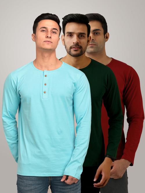 pack of 3 men's slim fit plain long sleeve henley neck t-shirts - 21582046 - Very Small Image - 1