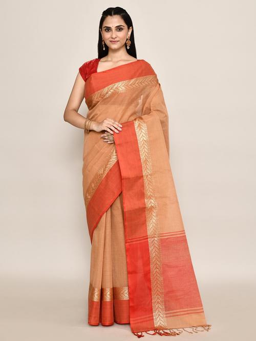 women solid with bordered handloom saree - 21583372 - Very Small Image - 1