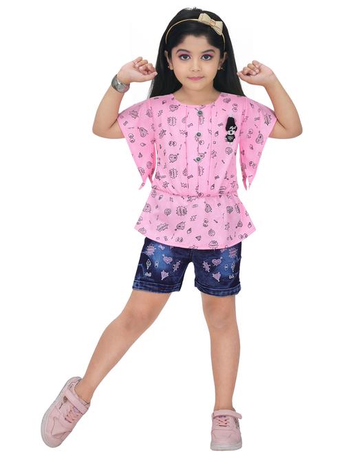 girls printed round neck top & shorts set - 21583630 - Very Small Image - 1