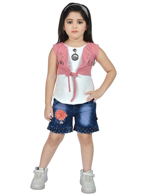 girls solid detailed round neck top & shorts set - 21583655 - Very Small Image - 1