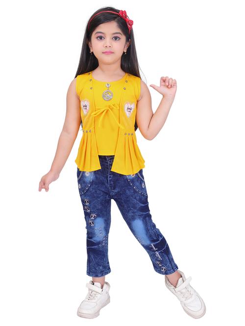girls self design round neck top & jeans full length set - 21583706 - Very Small Image - 1