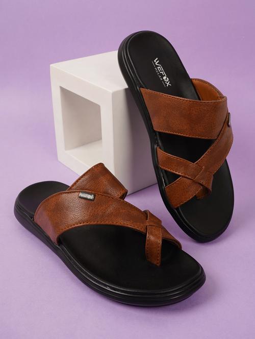 men brown solid slip on slipper - 21584015 - Very Small Image - 1