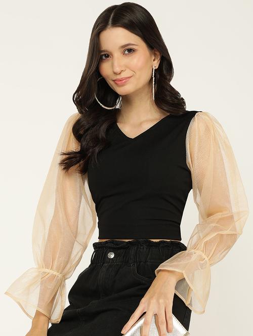 women v-neck color block crop top - 21584314 - Very Small Image - 1