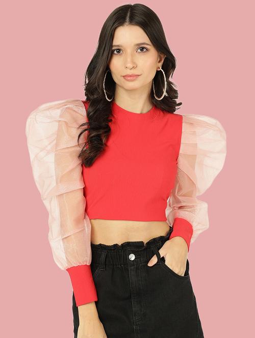 women solid puff sleeve crop top - 21584368 - Very Small Image - 1