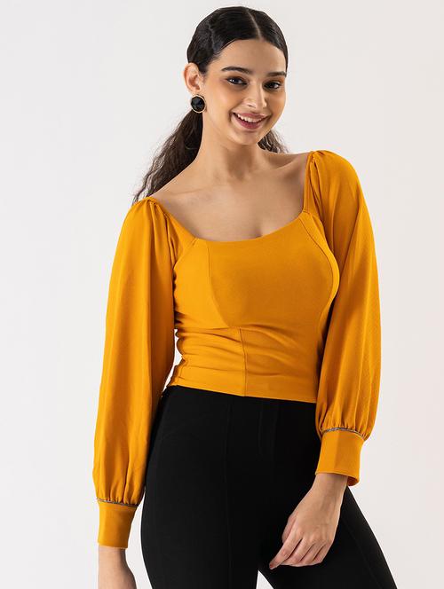 women solid puff sleeve regular top - 21584401 - Very Small Image - 1