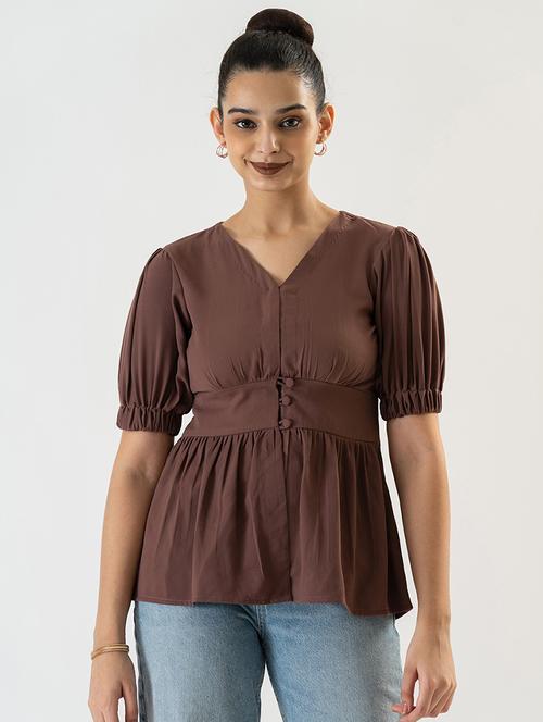 women solid v neck peplum top - 21584679 - Very Small Image - 1