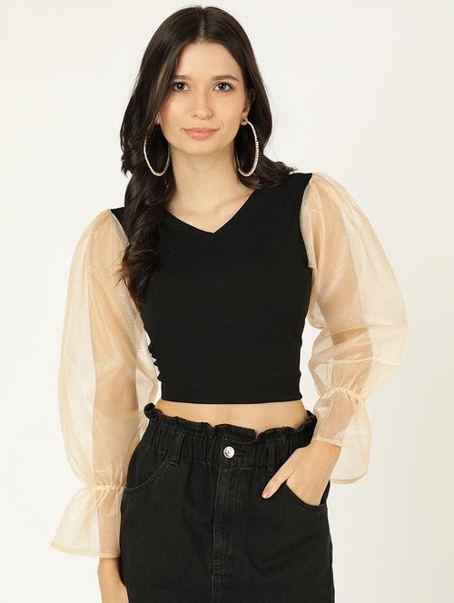 women solid puff sleeves crop top - 21584690 - Very Small Image - 1
