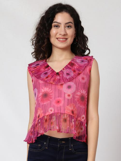 women floral printed v neck crop top - 21584706 - Very Small Image - 1
