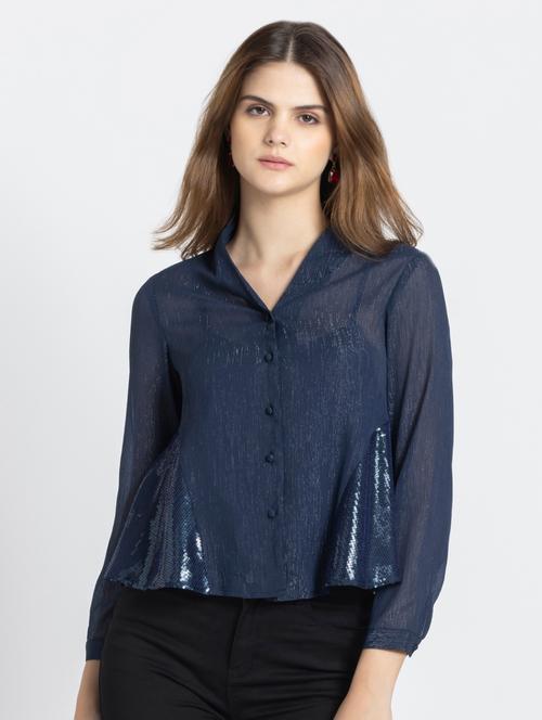 women blue solid with work long sleeve shirt top - 21584764 - Very Small Image - 1