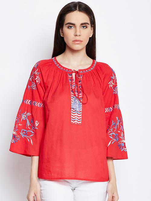 women embroidered tie up neck top - 21584907 - Very Small Image - 1