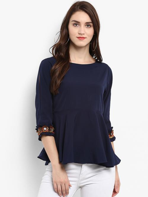 women navy blue mirror work regular top - 21593255 - Very Small Image - 1