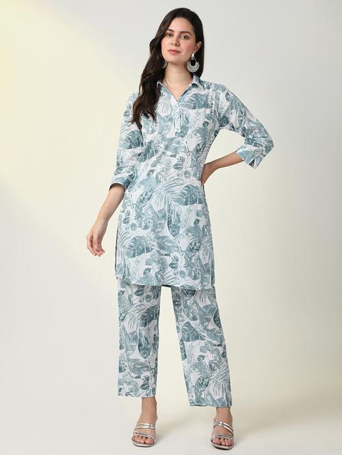 women printed shirt collar neck kurta pant set - 21598110 - Very Small Image - 1