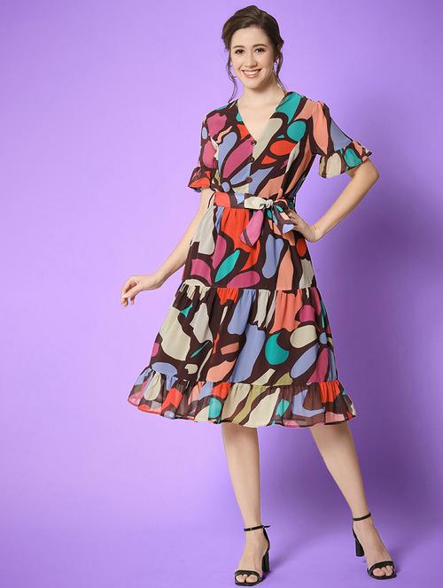 women multicolored printed fit & flare dress - 21598471 - Very Small Image - 1