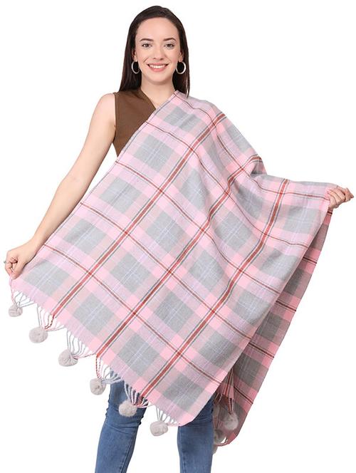 women checkered woolen shawl with pom-pom - 21598809 - Very Small Image - 1