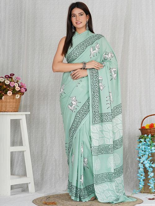 women green printed saree - 21600877 - Very Small Image - 1