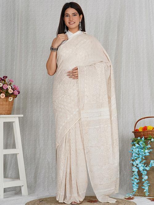 women beige printed saree - 21600883 - Very Small Image - 1