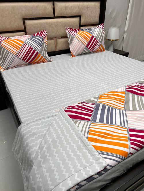 printed tc fitted king-sized bedsheet with 2 pillow covers - 21601511 - Very Small Image - 1