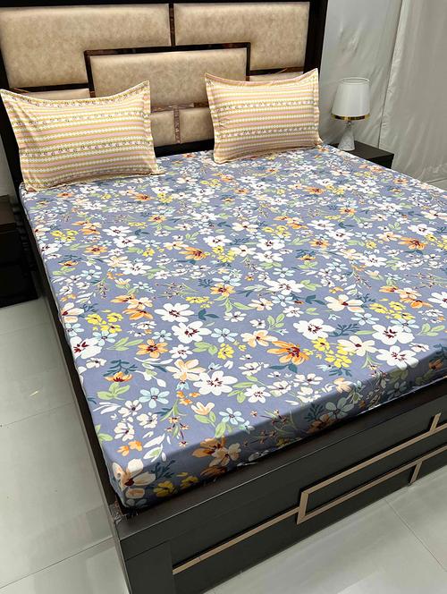 printed tc fitted king-sized bedsheet with elastic and 2 pillow covers - 21601803 - Very Small Image - 1