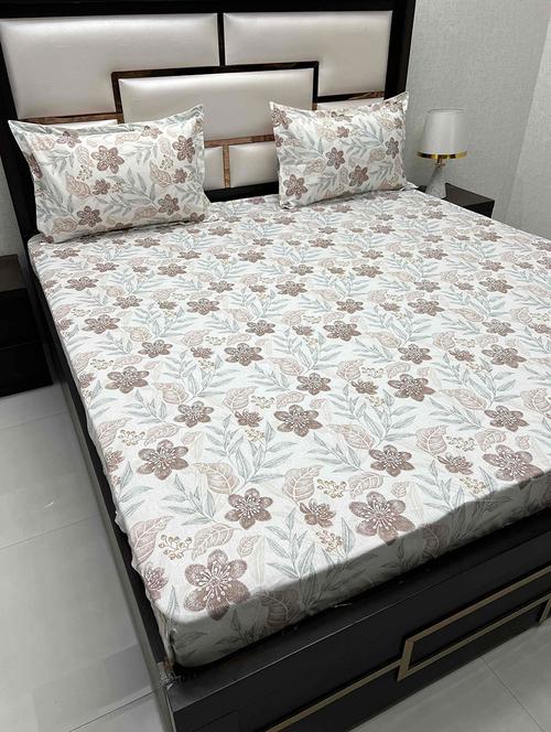 printed tc fitted king-sized bedsheet with elastic and 2 pillow covers - 21602011 - Very Small Image - 1