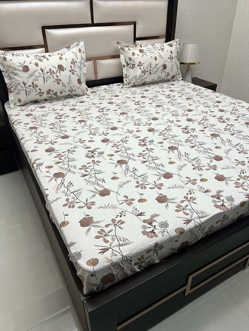 floral printed tc fitted king-sized bedsheet with 2 pillow covers - 21602102 - Very Small Image - 1