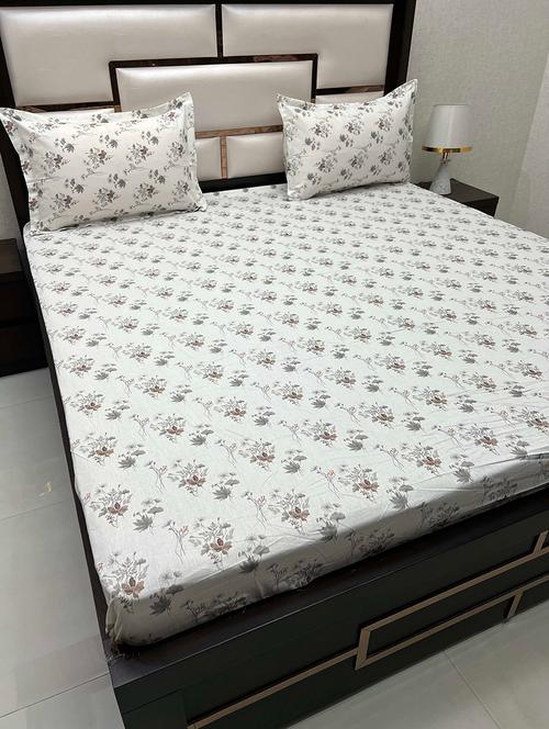 floral printed tc fitted king-sized bedsheet with 2 pillow covers - 21602214 - Very Small Image - 1