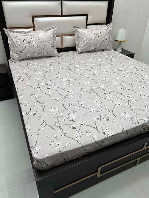 floral printed tc fitted king-sized bedsheet with 2 pillow covers - 21602309 - Very Small Image - 1