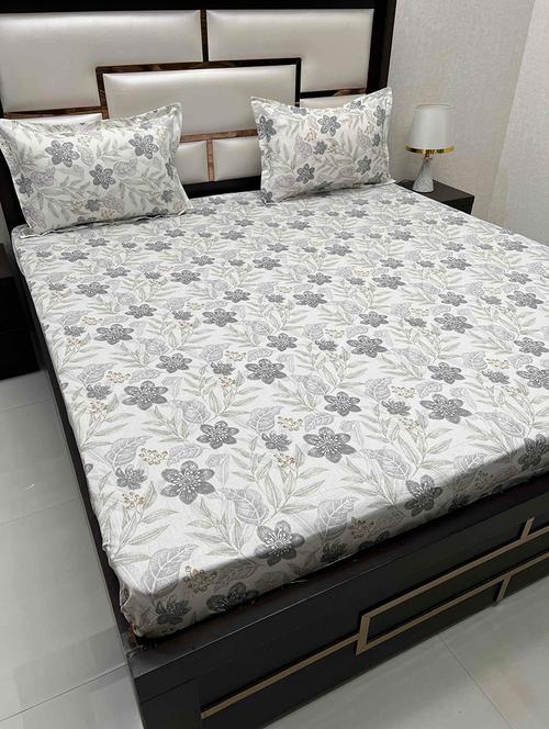 floral printed tc fitted king-sized bedsheet with 2 pillow covers - 21602315 - Very Small Image - 1
