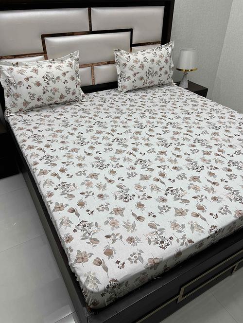 floral printed tc fitted king-sized bedsheet with 2 pillow covers - 21602321 - Very Small Image - 1