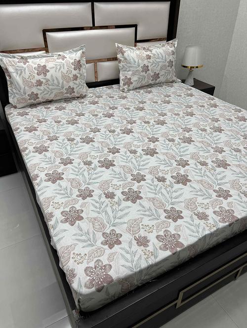 floral printed tc fitted king-sized bedsheet with 2 pillow covers - 21602434 - Very Small Image - 1