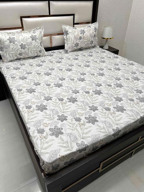 floral printed tc fitted king-sized bedsheet with 2 pillow covers - 21602437 - Very Small Image - 1