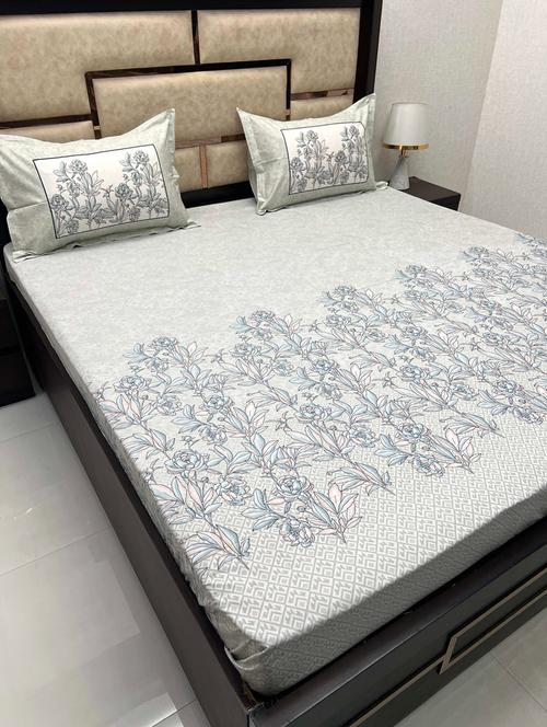 floral printed tc fitted king-sized bedsheet with 2 pillow covers - 21602656 - Very Small Image - 1