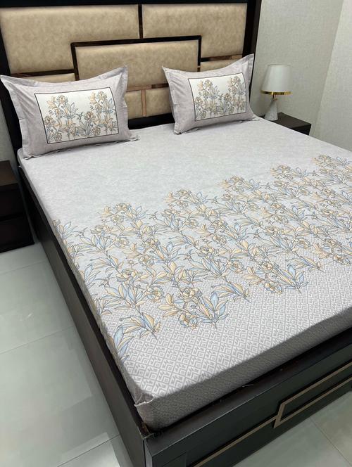 floral printed tc fitted king-sized bedsheet with 2 pillow covers - 21602732 - Very Small Image - 1