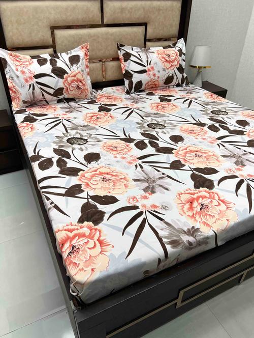floral printed tc fitted king-sized bedsheet with 2 pillow covers - 21602854 - Very Small Image - 1