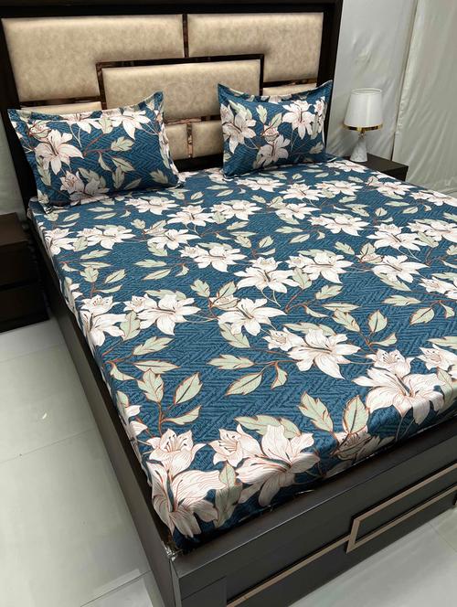 floral printed tc fitted king-sized bedsheet with 2 pillow covers - 21603165 - Very Small Image - 1
