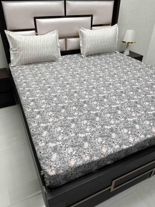 floral printed tc fitted king-sized bedsheet with 2 pillow covers - 21603207 - Very Small Image - 1