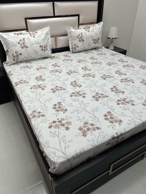 floral printed tc fitted king-sized bedsheet with 2 pillow covers - 21603239 - Very Small Image - 1