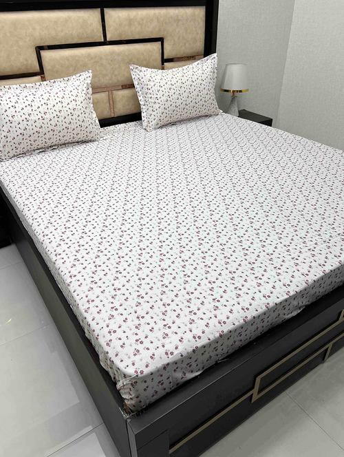 floral printed tc fitted king-sized bedsheet with 2 pillow covers - 21604543 - Very Small Image - 1
