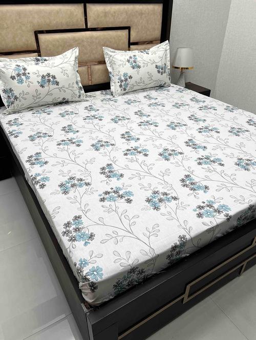 floral printed tc fitted king-sized bedsheet with 2 pillow covers - 21604544 - Very Small Image - 1