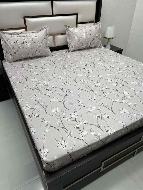 floral printed tc fitted king-sized bedsheet with 2 pillow covers - 21604738 - Very Small Image - 1