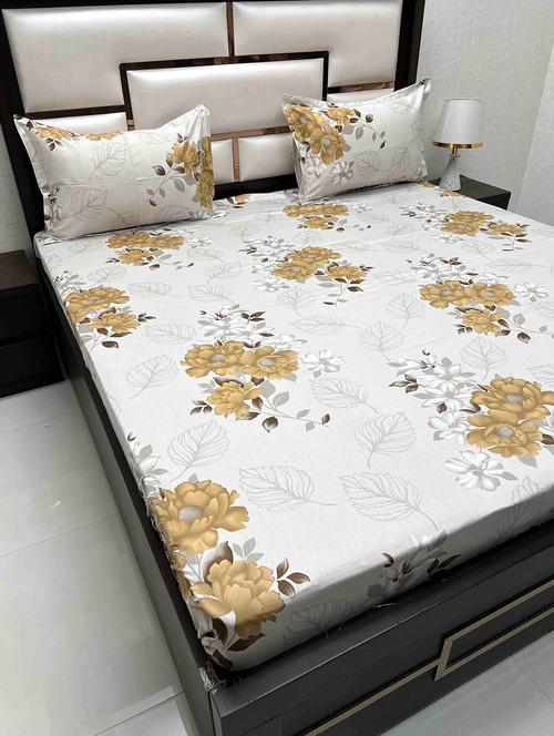 floral printed tc fitted king-sized bedsheet with 2 pillow covers - 21605004 - Very Small Image - 1