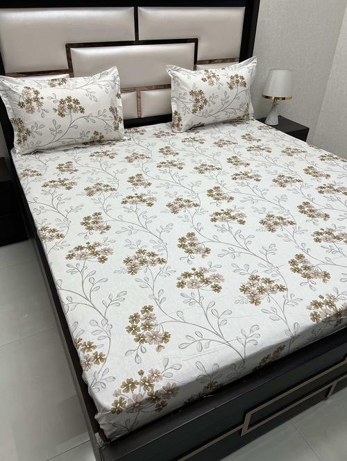 floral printed tc fitted king-sized bedsheet with 2 pillow covers - 21605063 - Very Small Image - 1