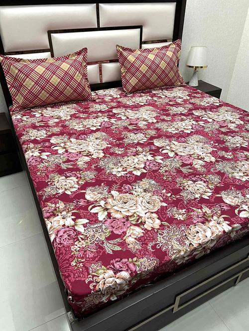 floral printed tc fitted king-sized bedsheet with 2 pillow covers - 21605101 - Very Small Image - 1