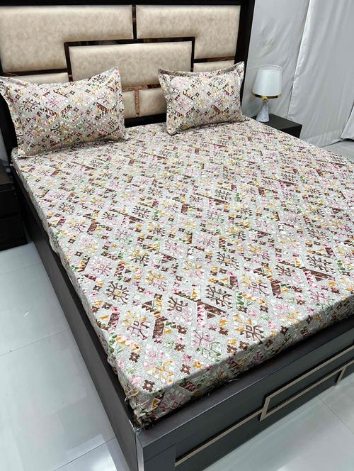 printed tc fitted king-sized bedsheet with 2 pillow covers - 21605228 - Very Small Image - 1