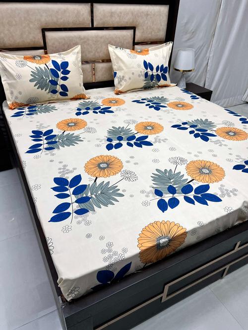 floral printed tc fitted king-sized bedsheet with 2 pillow covers - 21605310 - Very Small Image - 1